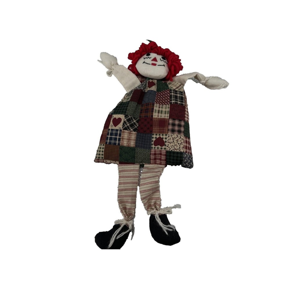 Raggedy Ann Style Patchwork Doll Red Hair Country Farmhouse Decor